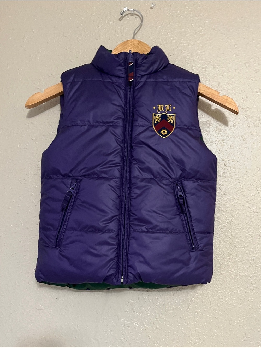 Polo Ralph Lauren Kids Reversible Puffer Vest Purple Green Crest Size S small 7